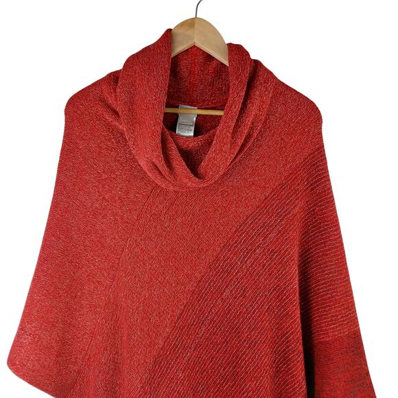 Chico's One Size Red Metallic Point Front Poncho Cowel Neck Asymmetrical Fringe - Picture 3 of 5